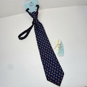 Class Club Boys Navy Blue W/Brown Football Print 100% Silk Zipper Neck Tie New